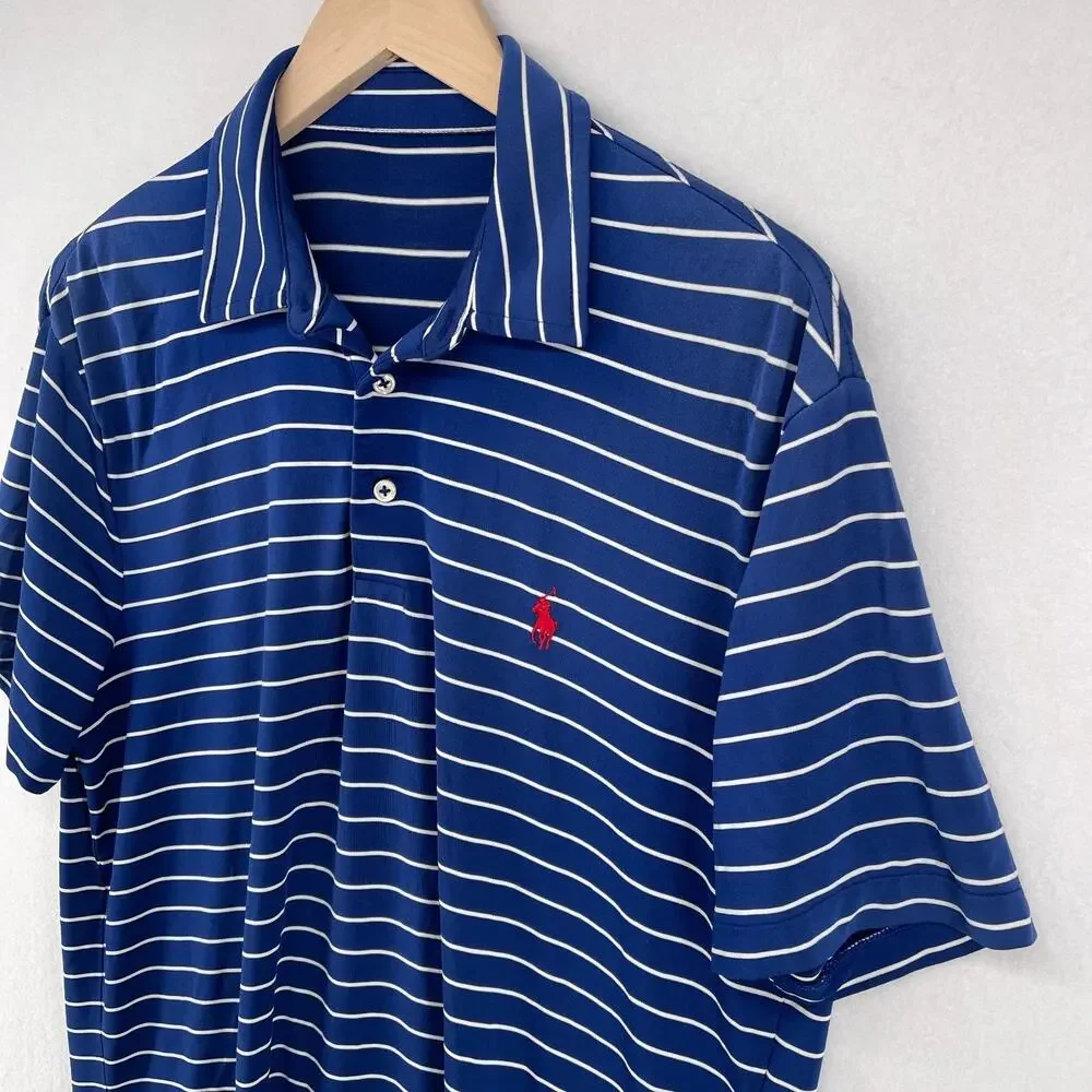 POLO RALPH LAUREN Shirt Mens L Striped Polo Golf Performance Short Sleeve Blue